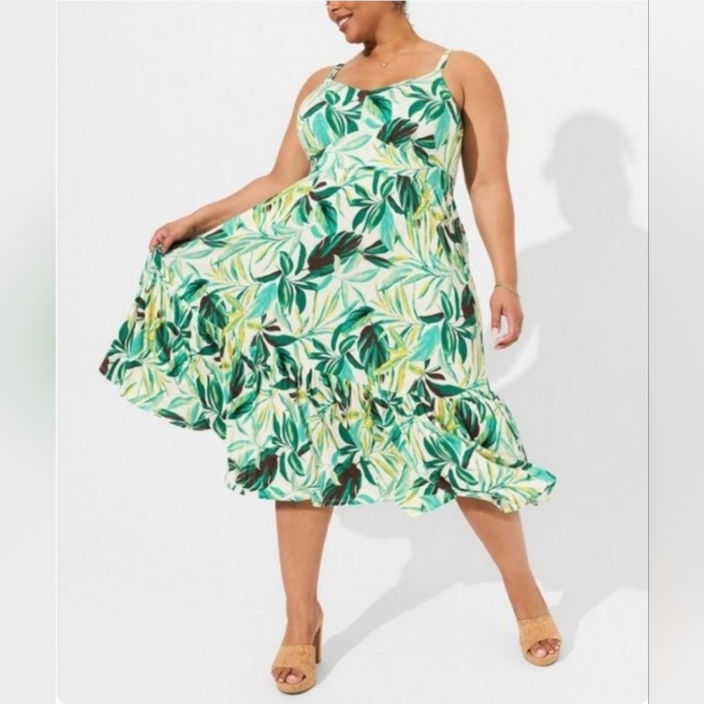 Torrid Green Painted Tropical Leaf Super Soft Tiered Midi Swing Dress size 3